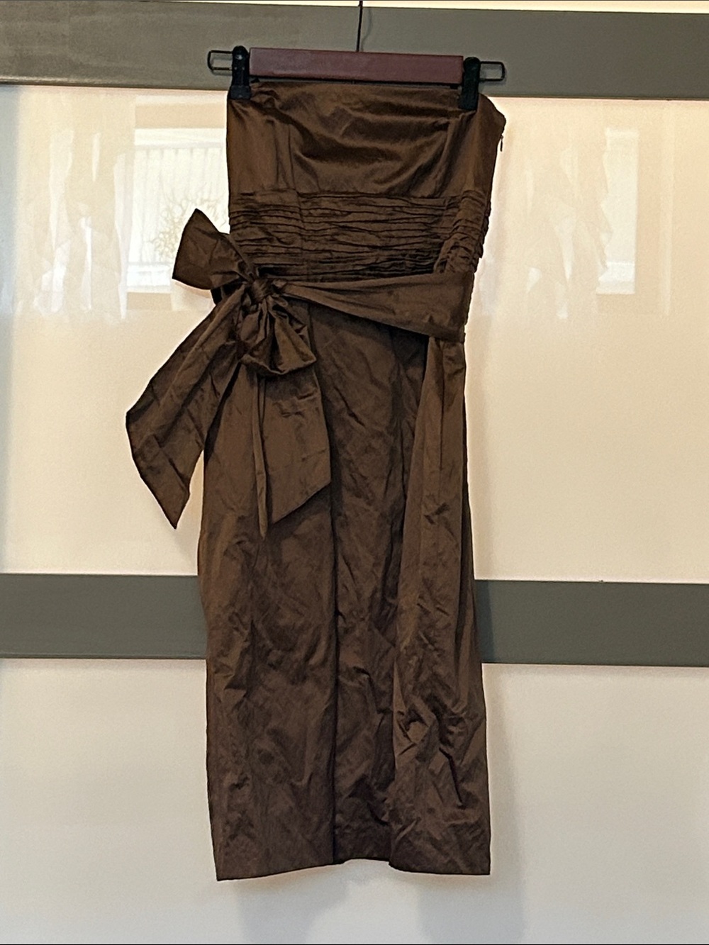 Laundry By Shelli Segal Strapless Brown Satin Cocktail Dress with Side Bow